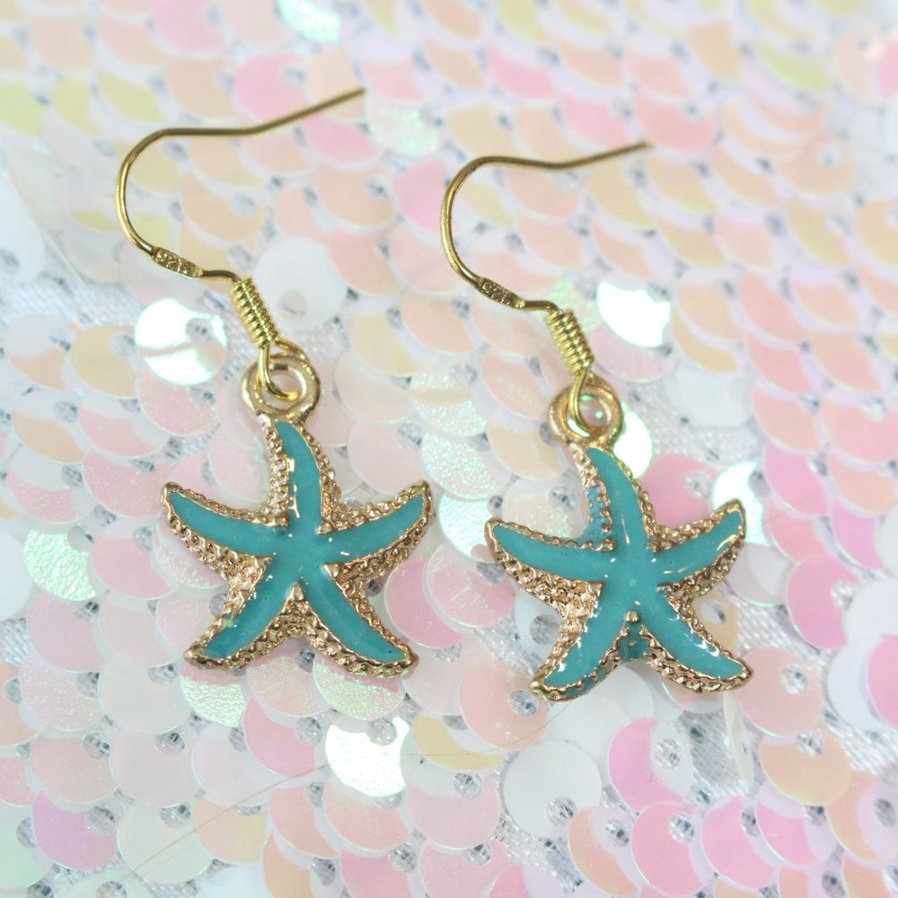 New Gold Miniature Sealife Starfish Beach Vibes Aqua Dangle Earrings